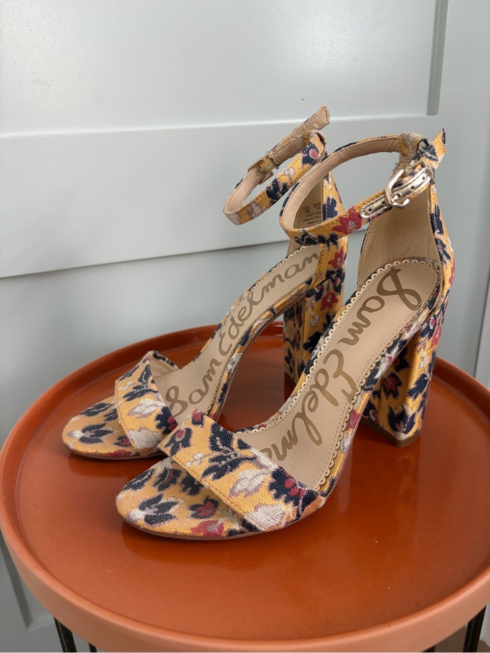 Sam Edelman Yellow Floral Ankle-Strap Block Heel Sandals